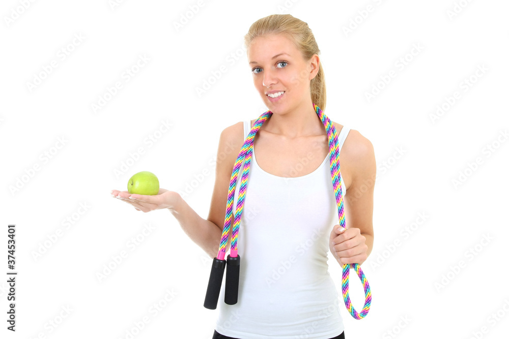 girl with jump rope and apple girl with jump rope and apple