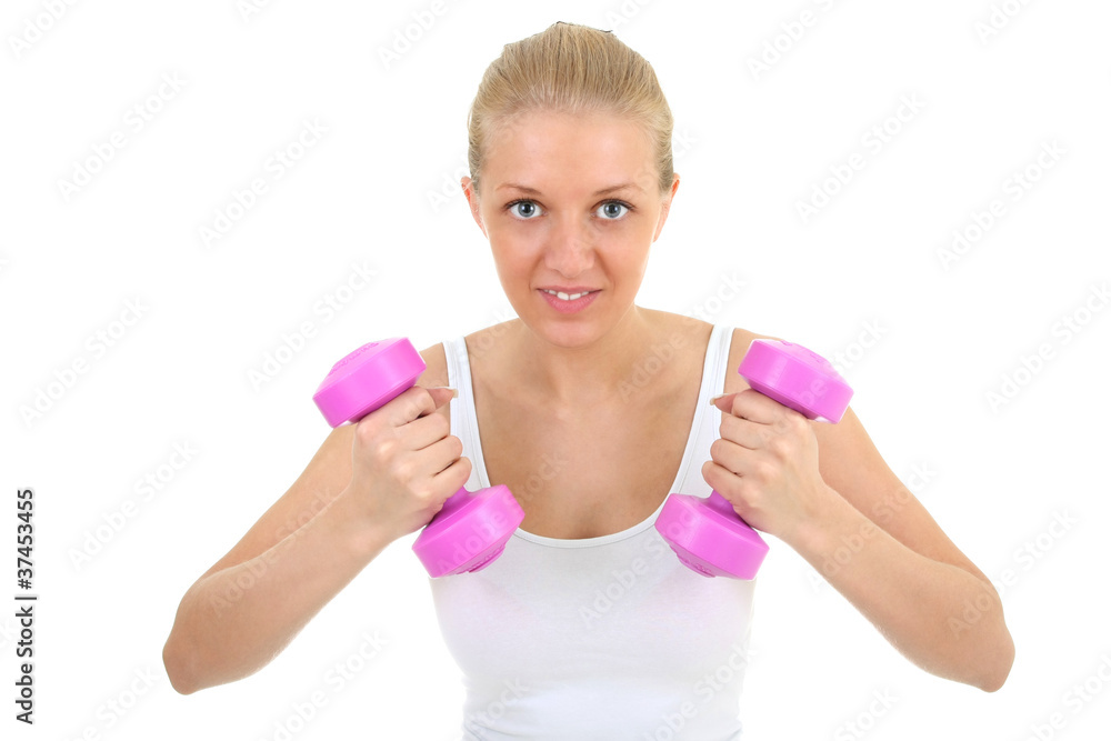 young woman with dumbbells isolated over white young woman with dumbbells isolated over white