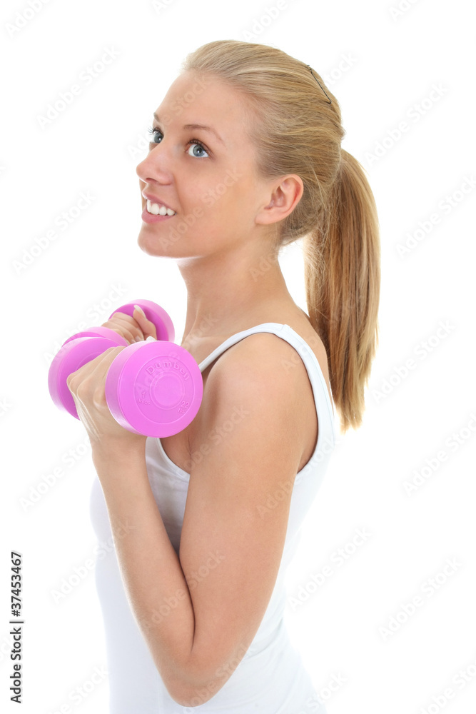 young blondie woman with dumbbells isolated over white backgroun young blondie woman with dumbbells isolated over white backgroun