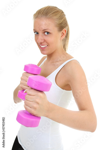 attractive girl with dumbbells isolated over white background