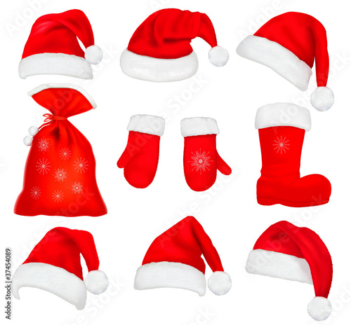 Big set of red santa hats and clothing. Vector illustration.