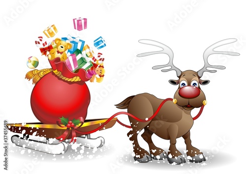 Fototapeta Naklejka Na Ścianę i Meble -  Renna e Slitta Natale Cartoon-Reindeer with Sleigh and Toys