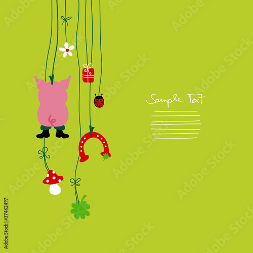 Hanging Pig & Symbols Birthday Card
