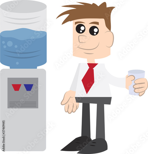Businessman holding cup of water next to watercooler