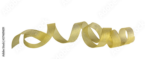 Gold horizontal ribbon with hearts on the white isolated backgro