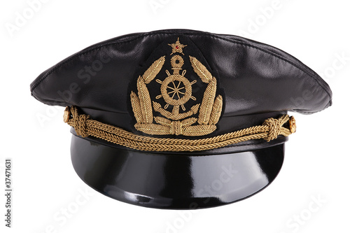 Navy black leather cap with an emblem