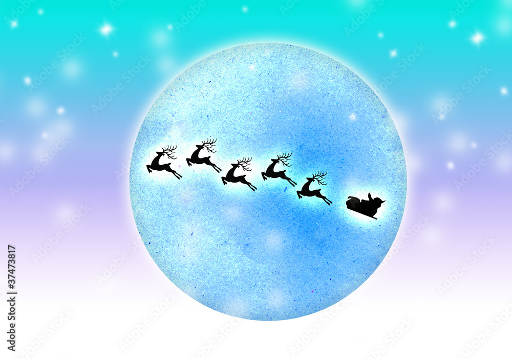 Naklejka premium Christmas background, Santa Claus and reindeers over town