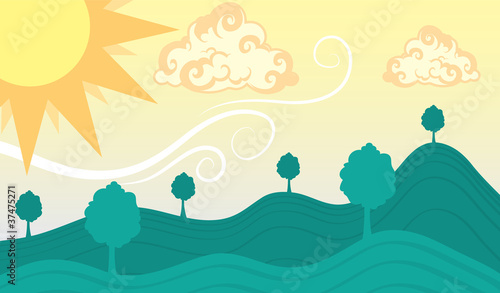 Scenic view with rolling hills and large sun