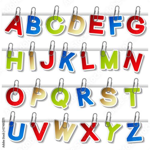 Vector stickers of alphabet with paperclip - own font