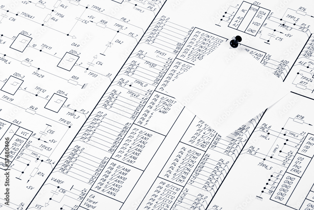 Detailed drawing of electrical circuits and pushpin Detailed drawing of electrical circuits and pushpin