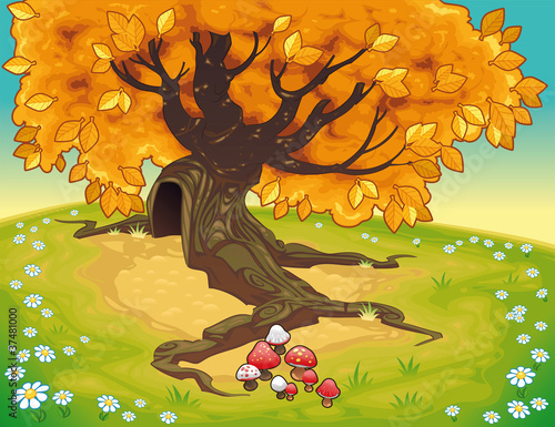 Tree in autumnal landscape. Vector coloured illustration