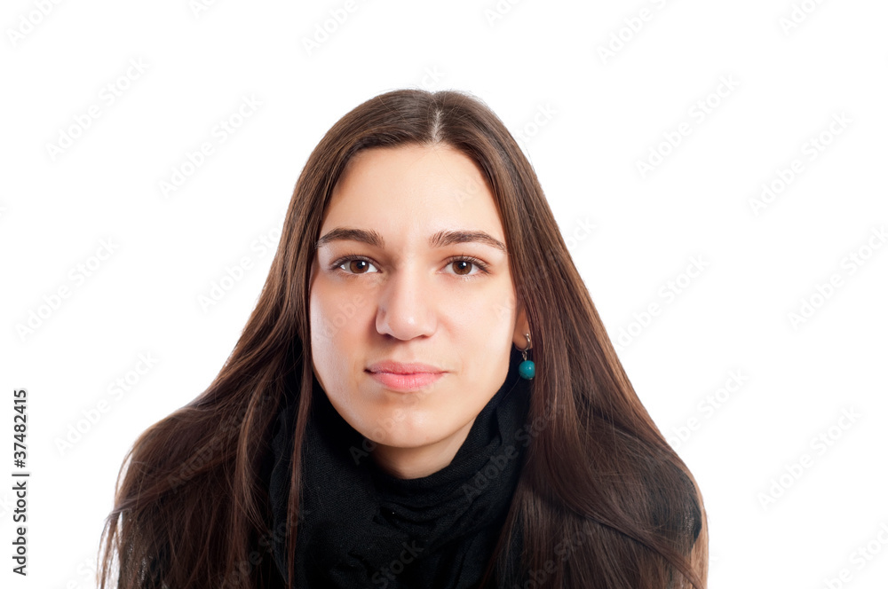 portrait of a pretty brunet young woman with brown hair looking portrait of a pretty brunet young woman with brown hair looking