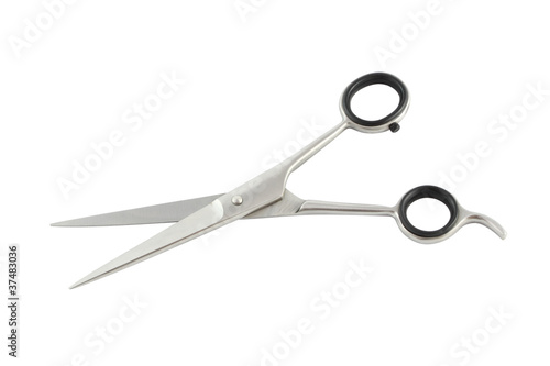 Scissors black handle hairdresser on white background.