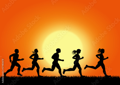 running motion on sunset background, vector image
