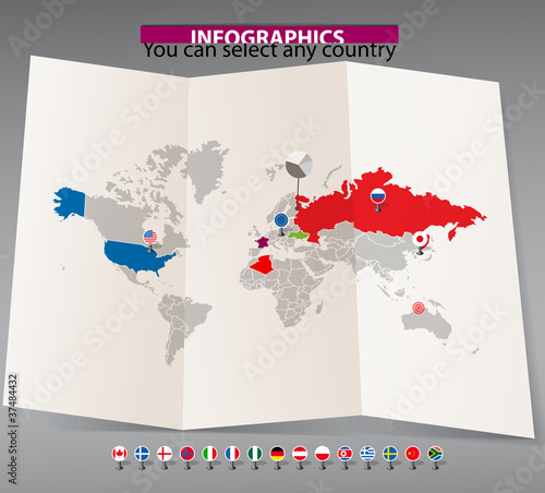 World map on old map and flags of different countries.