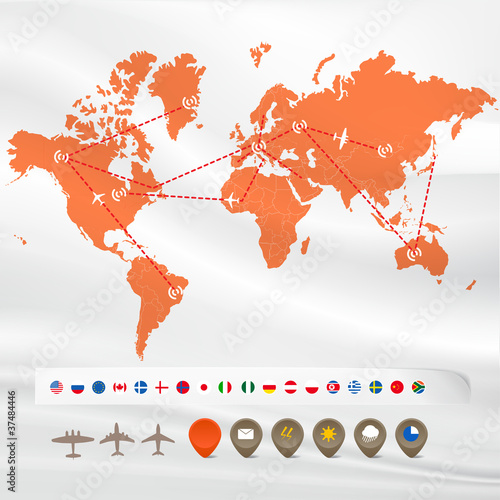 Map with flight infographics: flags and icons