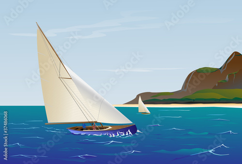 Sailing in sport sail yacht with background.