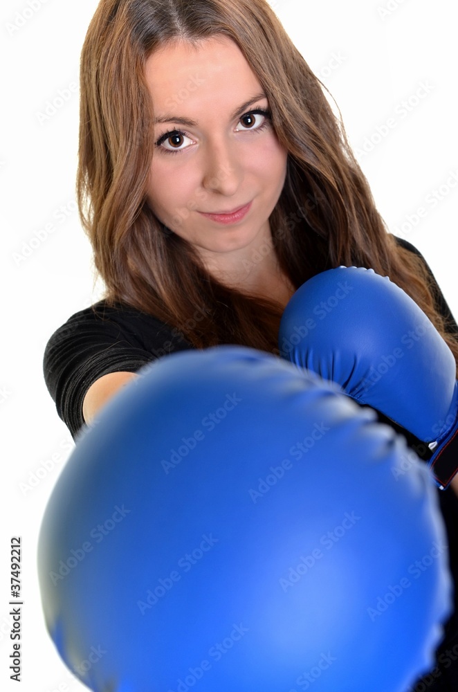 portrait of a girl with blue boxing gloves portrait of a girl with blue boxing gloves