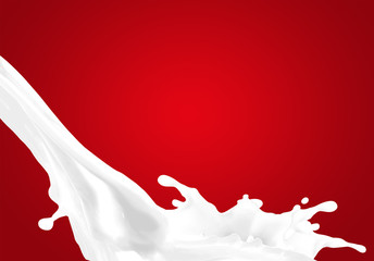 Milk splash on red background