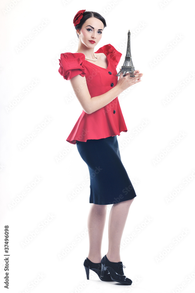 beautiful young woman with paris symbol eiffel tower