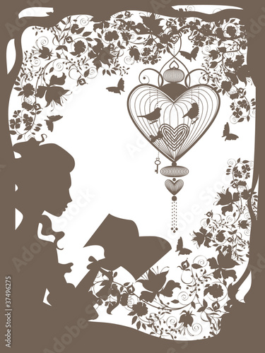Vintage graphic illustration with girl character reading book.