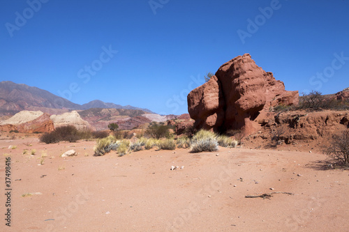 Red rock desert landscape of Quebrada de Cafayate, Rio de las Conchas in Salta, North Argentina, South America 