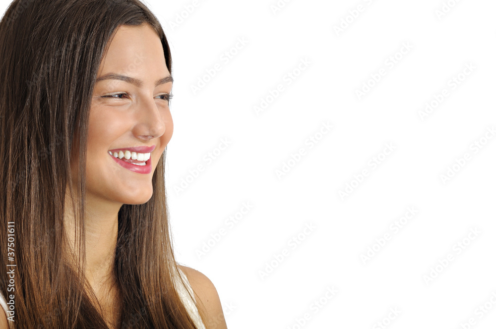 laughing natural young woman looking side at copy space laughing natural young woman looking side at copy space