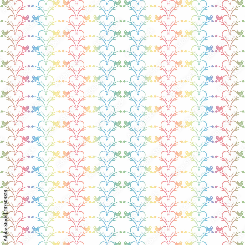 Seamless floral hearts and birds pattern