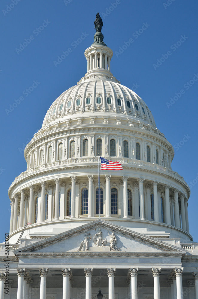 Obraz premium US Capitol building detail with US flag - Washington DC