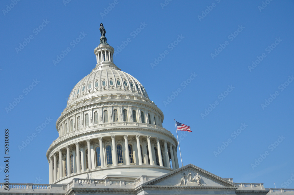 US Capitol building detail with US flag - Washington DC