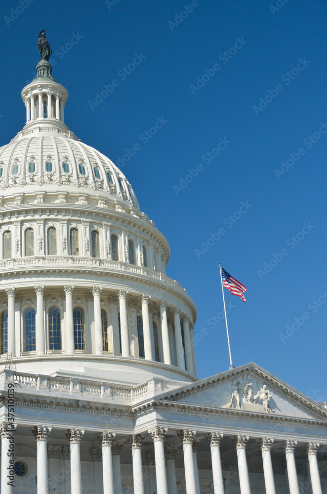 Naklejka premium US Capitol building detail with US flag - Washington DC