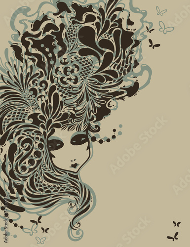 Girl with stylized rococo hairstyle. Vector illustration.