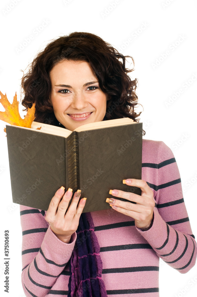 Beautiful smiling girl with book on white background Beautiful smiling girl with book on white background