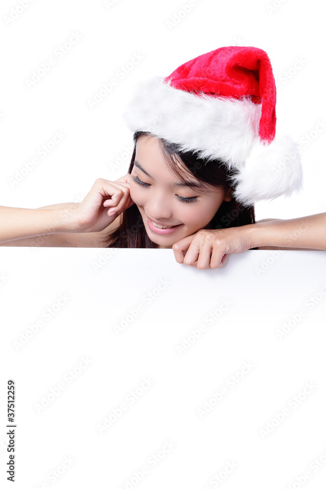 christmas young girl smile showing blank billboard banner sign christmas young girl smile showing blank billboard banner sign