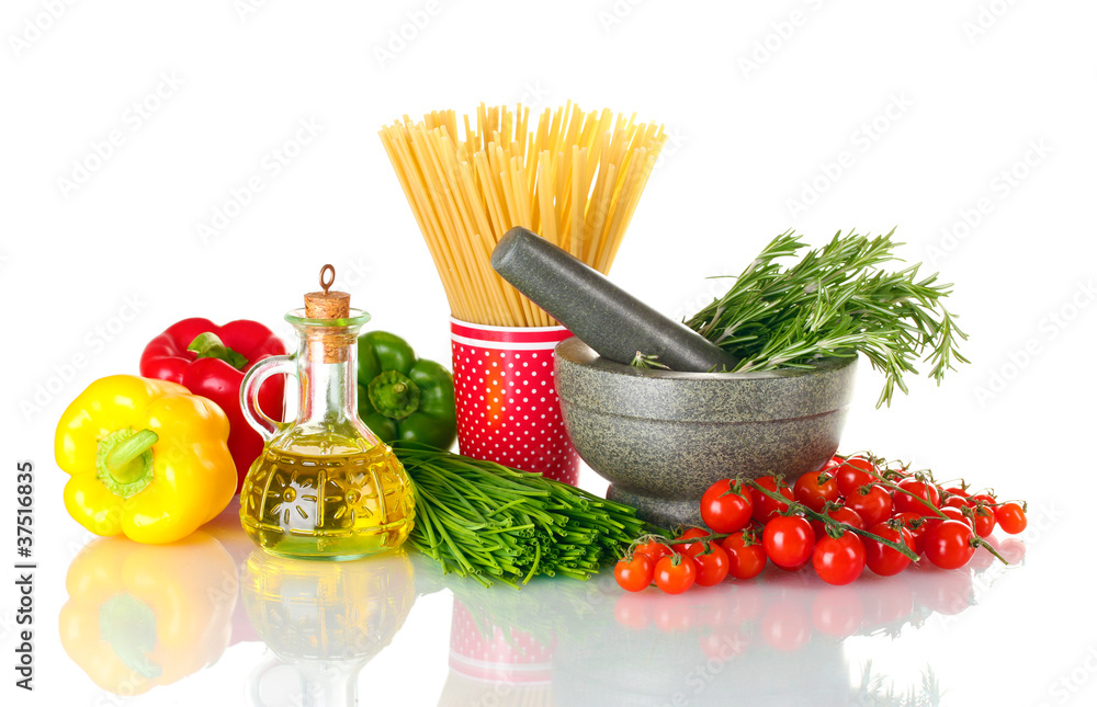 spaghetti in cup, rosemary in mortar, oil in jar paprika spaghetti in cup, rosemary in mortar, oil in jar paprika