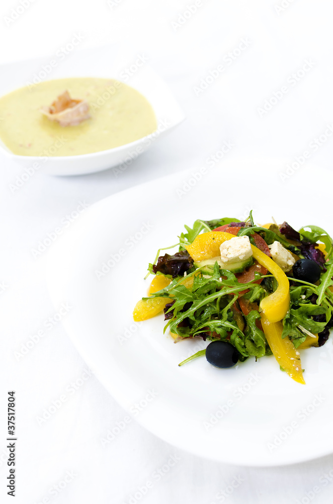 Greek salad with Broccoli cream soup