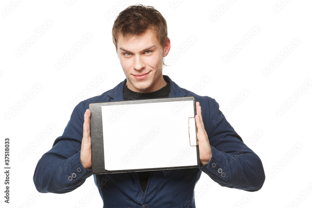 Male holding a clipboard with blank copy space Male holding a clipboard with blank copy space