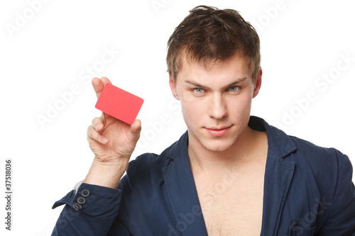 Closeup of a male holding blank credit card