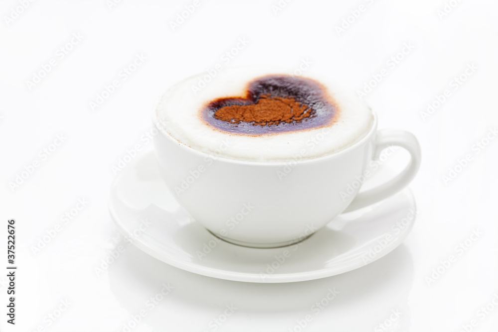 cappuccino in a cup in the shape of hearts isolated on white cappuccino in a cup in the shape of hearts isolated on white