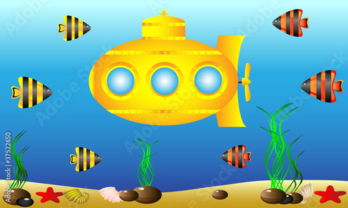 Yellow submarine under water