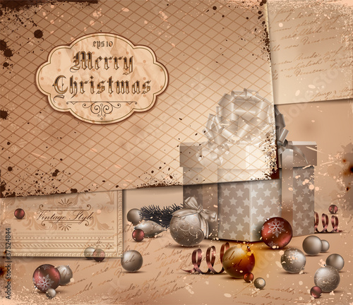 Vintage Christmas Illustration with grungy layered old papers.