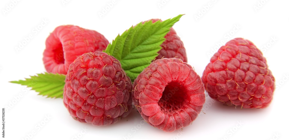 Ripe raspberry with green leaf Ripe raspberry with green leaf