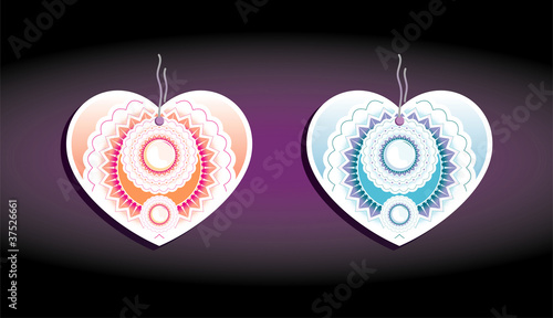 Set of color labels, on a dark background. Hearts and flowers th