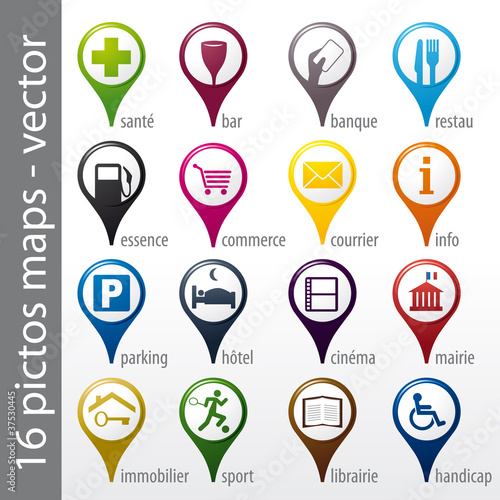 set 16 icons, pictos, symboles, logos