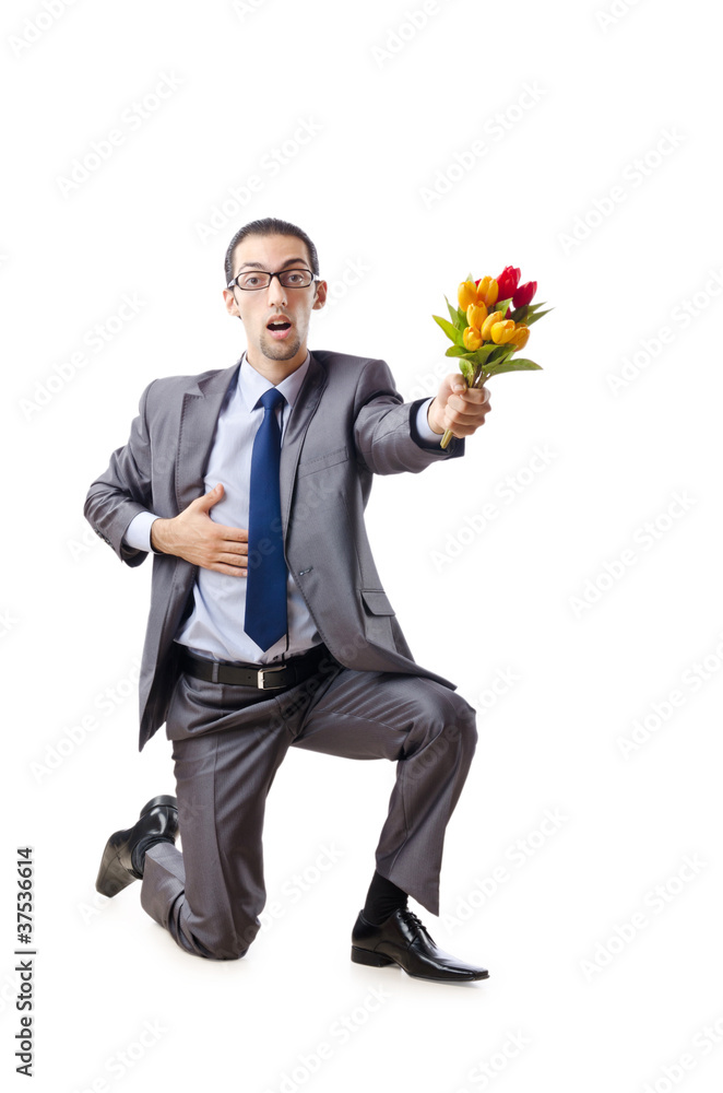 Businessman offering tulip flowers Businessman offering tulip flowers