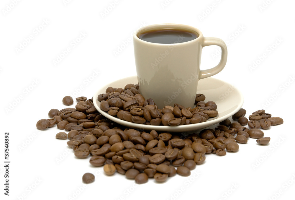 cup of coffee and coffee beans on white background cup of coffee and coffee beans on white background