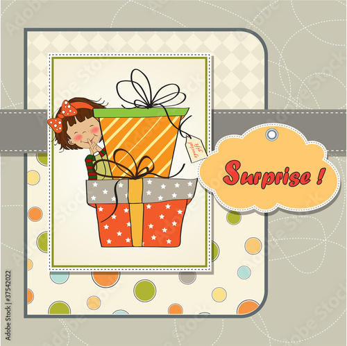 cute little girl hidden behind boxes of gifts