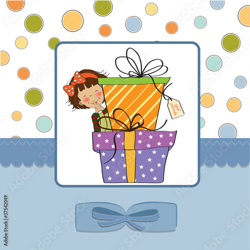 cute little girl hidden behind boxes of gifts