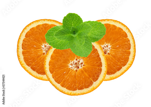 Fototapeta Naklejka Na Ścianę i Meble -  juicy orange slices and mint leaves isolated on white