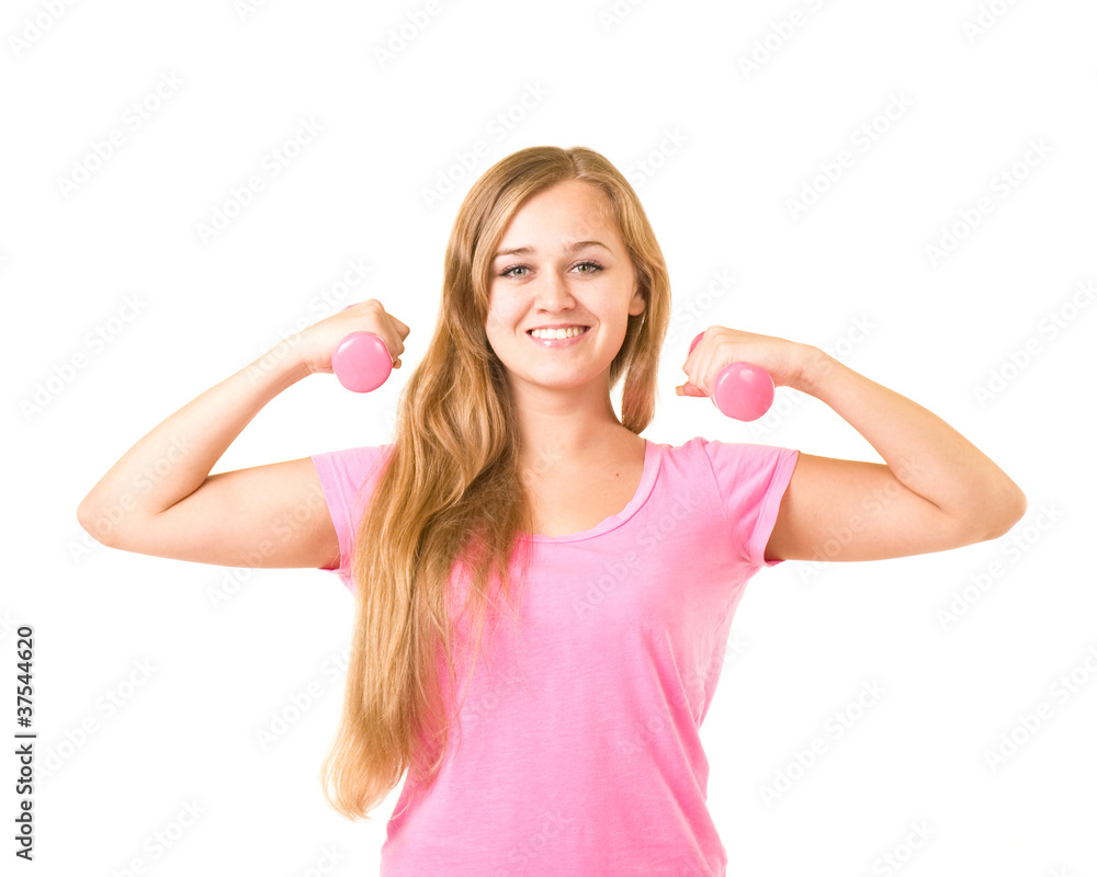 Beautiful smiling girl with free weights in gym Beautiful smiling girl with free weights in gym